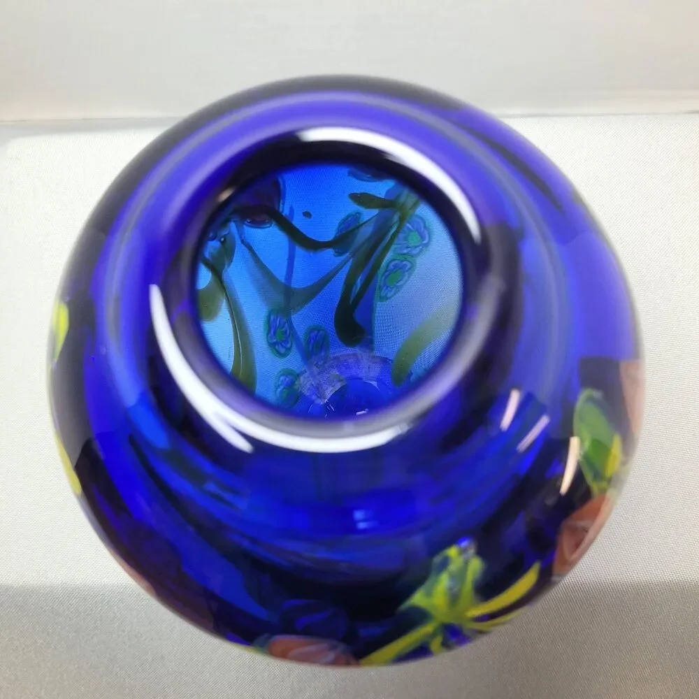Kusak Art Glass Paperweight Pedestal Vase Cobalt Blue with Cased Flowers 5.5”